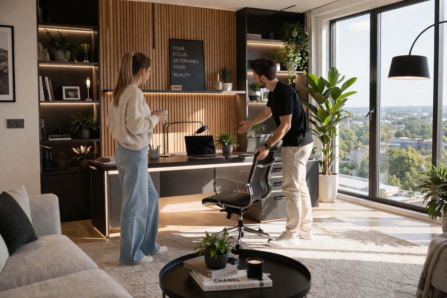 Paar richtet gemeinsam modernes Homeoffice ein und plant Arbeitsplatz flexibel im eigenen Zuhause