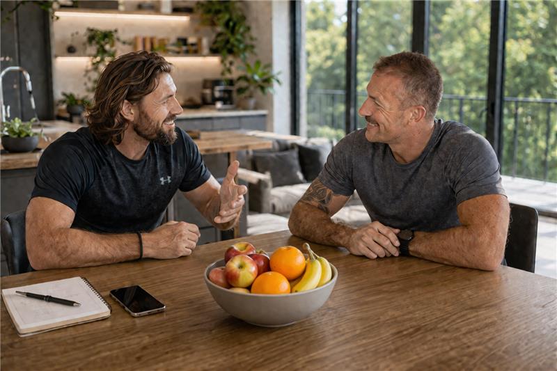 Zwei Männer im Sportoutfit sprechen begeistert über gesunde Ernährung am Tisch mit Obstschüssel