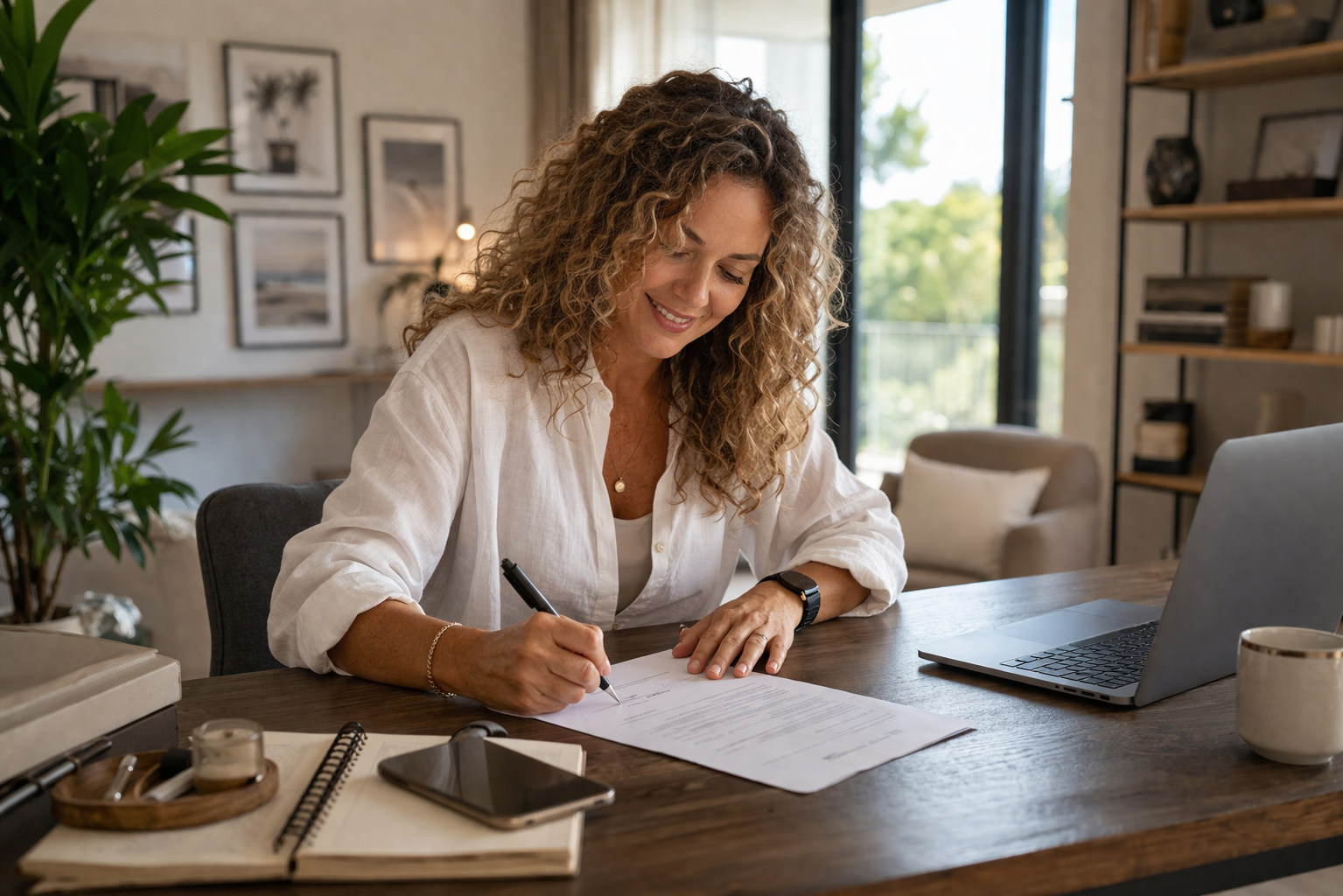 Frau im Business Casual Outfit unterschreibt zufrieden ein Dokument am Schreibtisch im modernen Homeoffice
