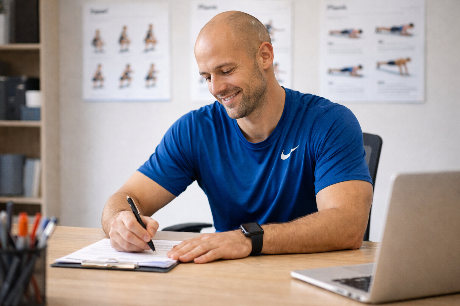 Teilnehmer erstellt im Online-Fernstudium Fitnesstrainer einen individuellen Trainingsplan am Schreibtisch