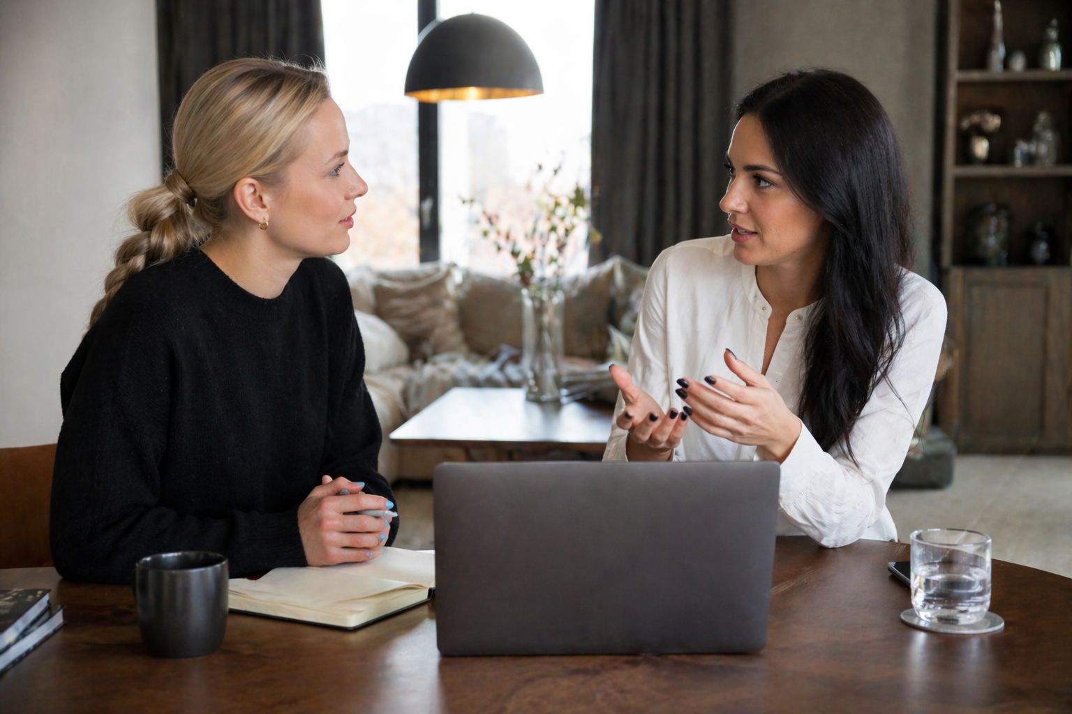 Zwei Frauen sitzen an einem Tisch im Wohnzimmer und sprechen über Schlafqualität, Laptop und Notizbuch liegen vor ihnen