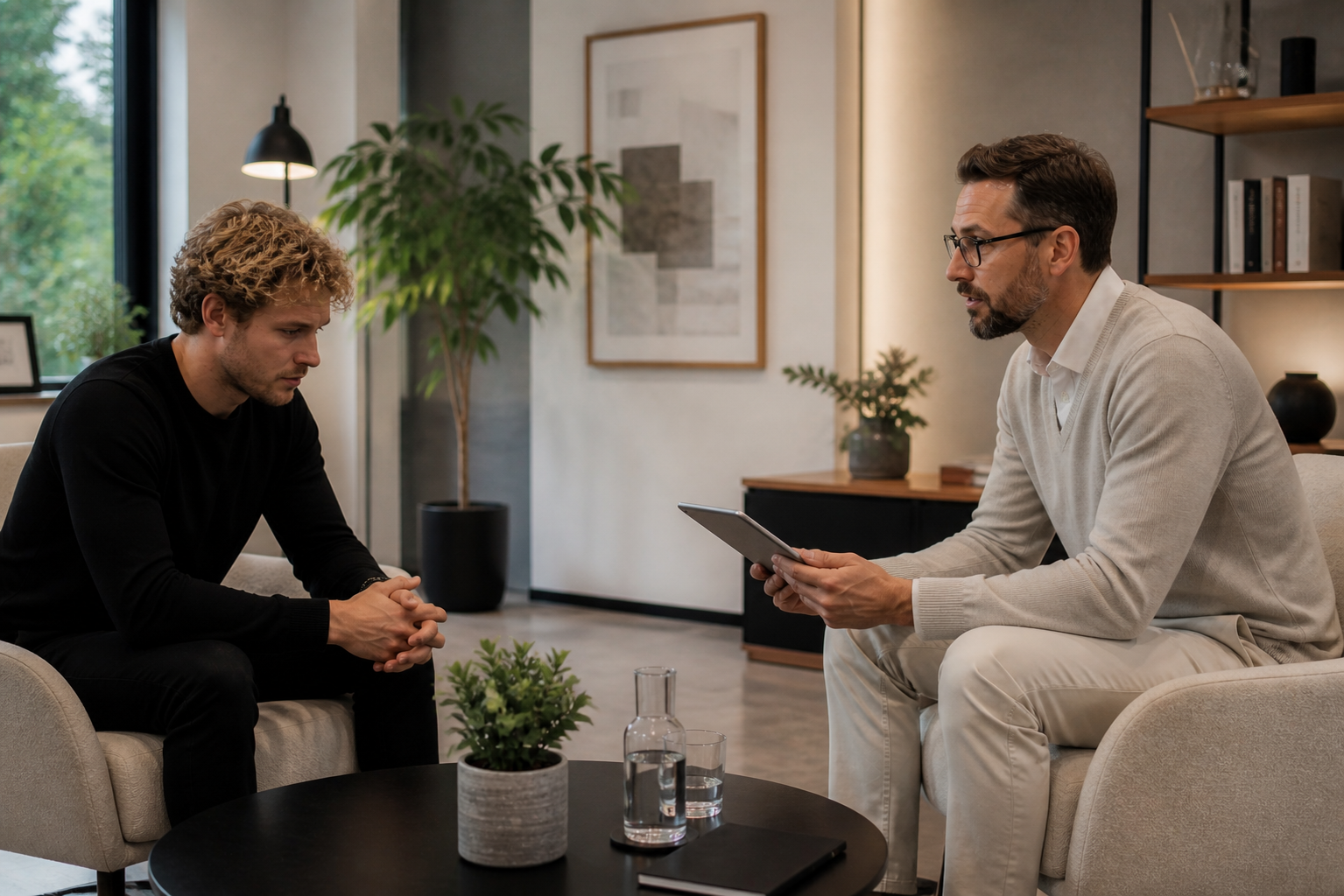 Therapeut in heller Kleidung mit Tablet sitzt in moderner Praxis und spricht mit traurigem männlichen Klienten mit blonden Locken