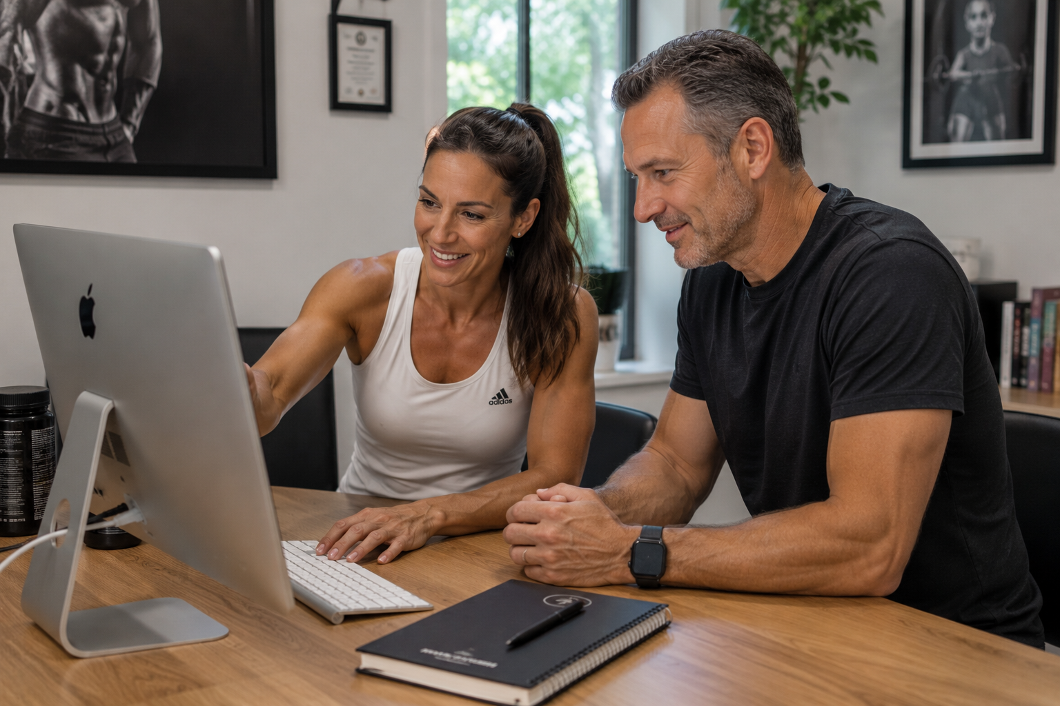 Fitnesstrainerin sitzt mit einem etwa 50-jährigen Klienten in einem modernen Büro und erklärt Inhalte auf einem Computerbildschirm