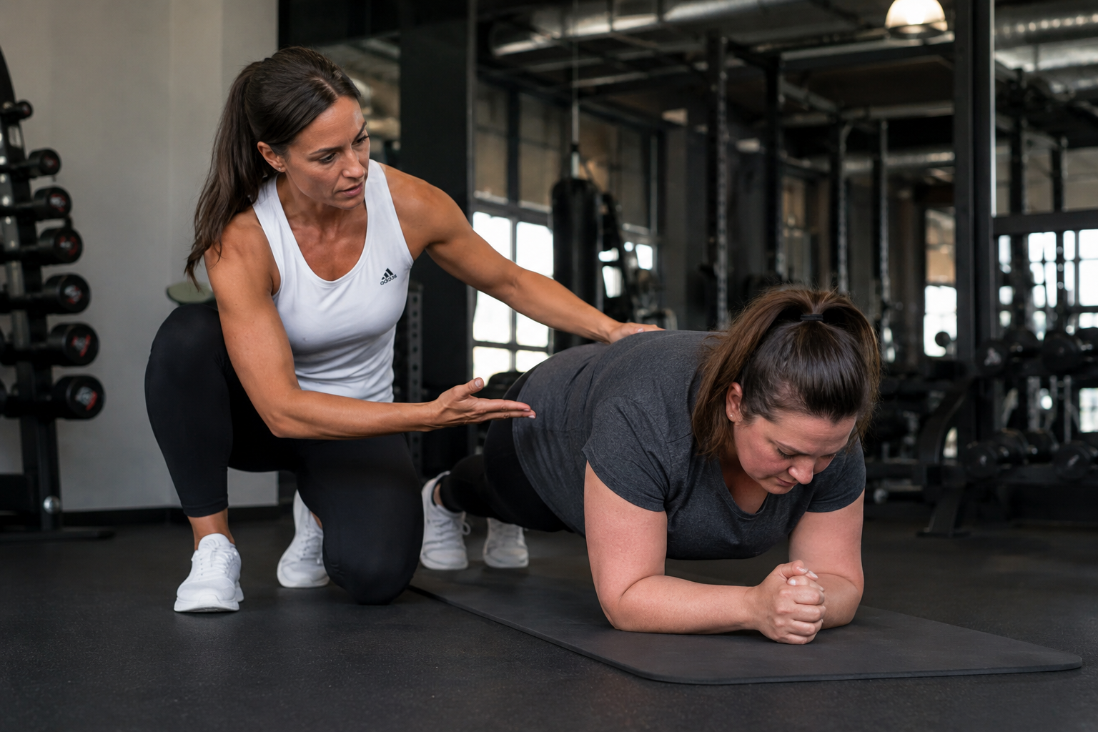 Fitnesstrainerin zeigt einer Kundin im Fitnessstudio die richtige Haltung bei einer Plank Übung und achtet auf einen geraden Rücken