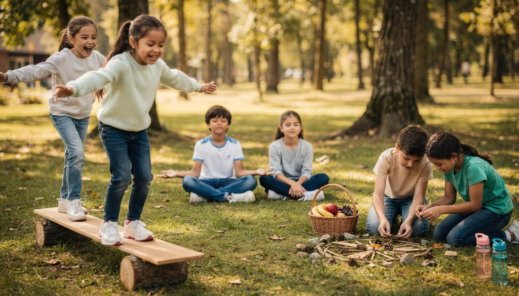 Sechs Kinder (8–13 Jahre) erleben draußen in der Natur verschiedene Aktivitäten: Balance- und Koordinationsspiel, kurze Entspannungs-/Atempause im Gras und kreatives Gestalten mit Naturmaterialien; die Stimmung wirkt fröhlich, konzentriert und gemeinschaf