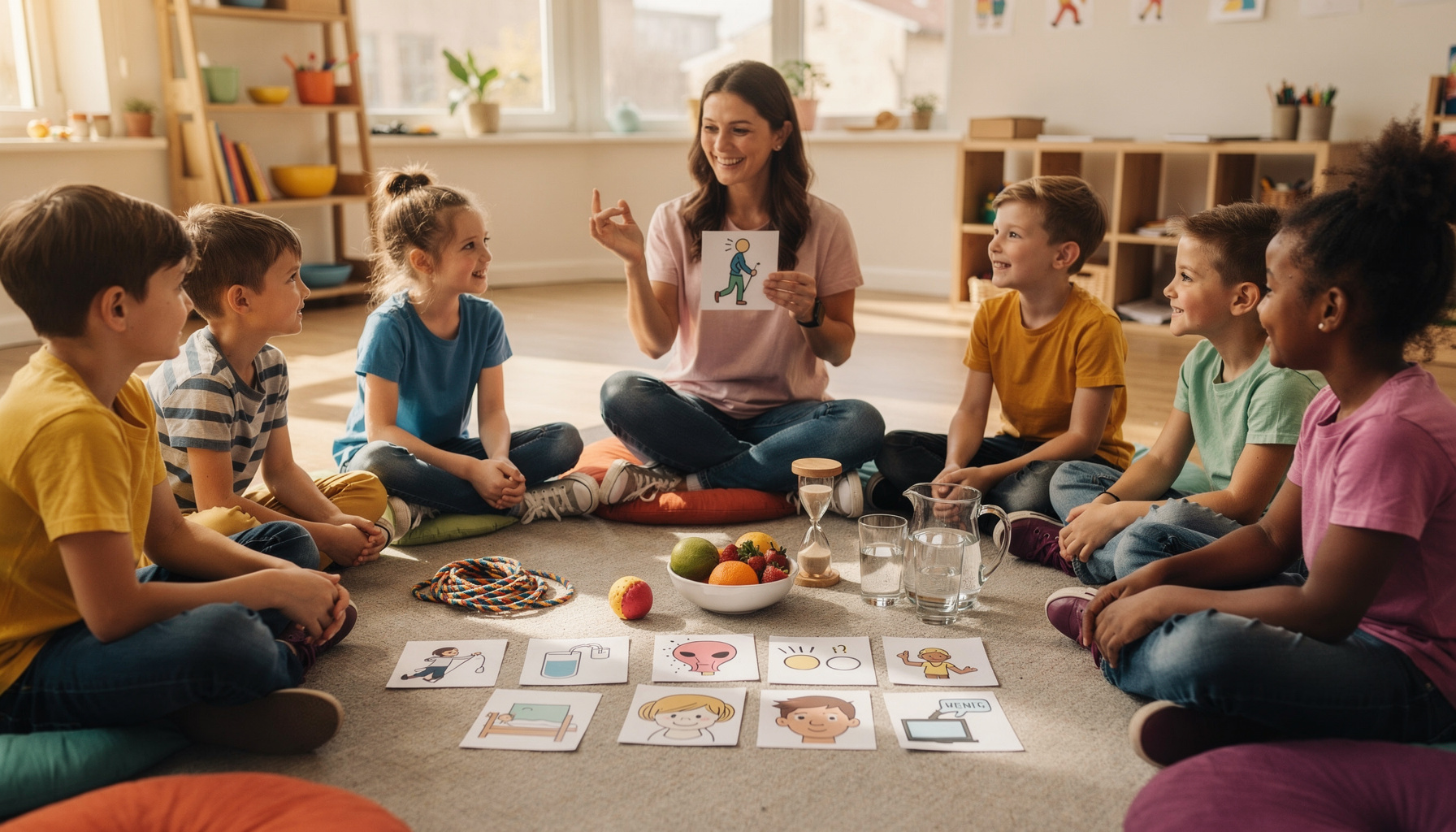 Sechs Kinder (ca. 8–12 Jahre) sitzen in einem hellen Raum im Kreis auf Sitzkissen und lernen spielerisch Gesundheitskompetenz; in der Mitte liegen Symbolkarten ohne Schrift, ein Springseil, eine Sanduhr, ein Stressball sowie Obst und Wasser, während eine
