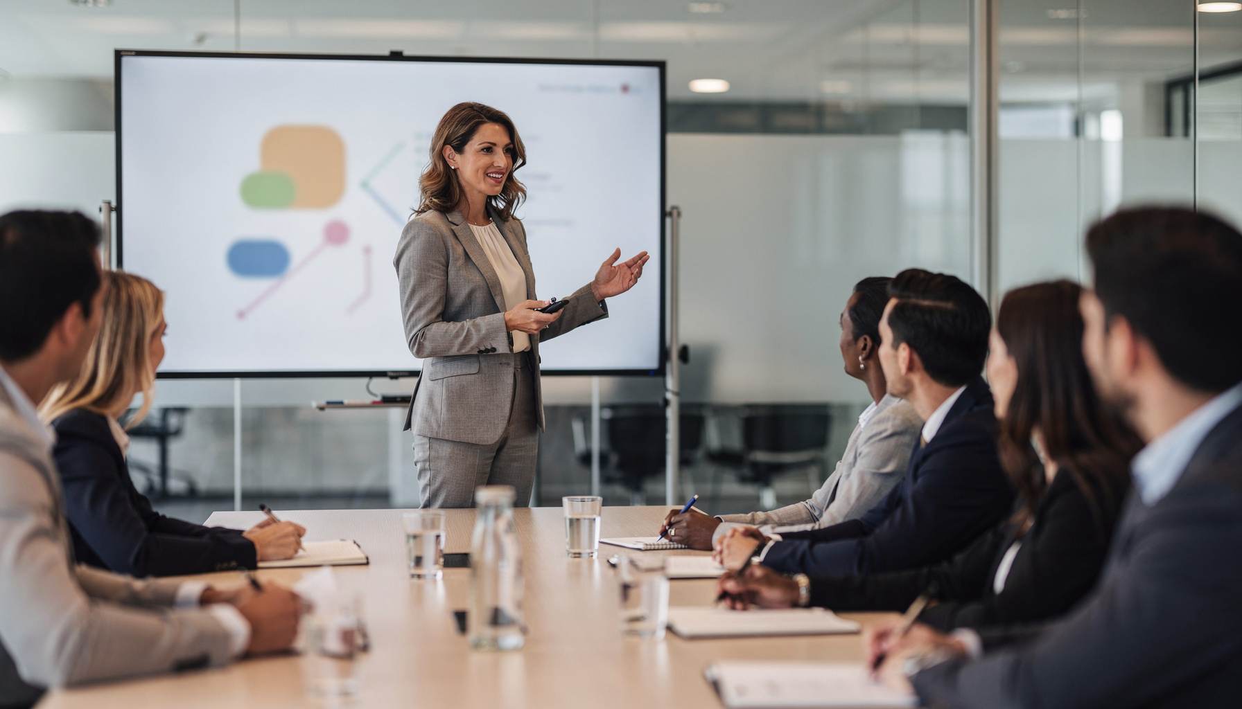 Frau zwischen 35 und 40 Jahren steht in einem modernen Konferenzraum und hält einen Vortrag vor 6 bis 10 sitzenden Personen. Sie gestikuliert beim Präsentieren; im Raum sind ein Whiteboard oder Bildschirm mit abstrakter Grafik sowie Notizblöcke und Wasser