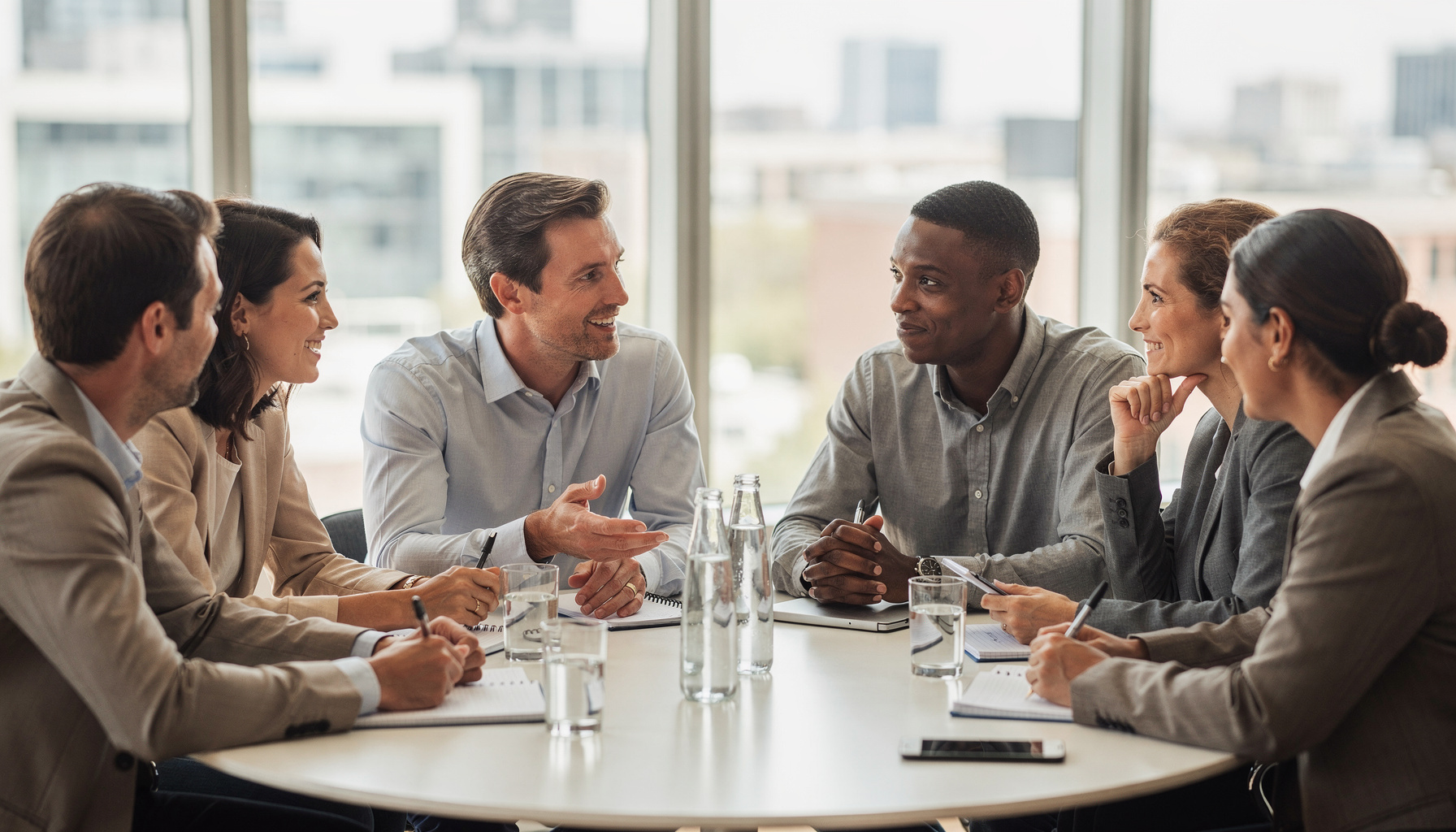 Diverse Gruppe von 6–8 Menschen sitzt in einem hellen Besprechungsraum an einem runden Tisch und kommuniziert sichtbar durch Blickkontakt, Mimik und Gestik; eine Person spricht, andere hören aktiv zu und machen Notizen.