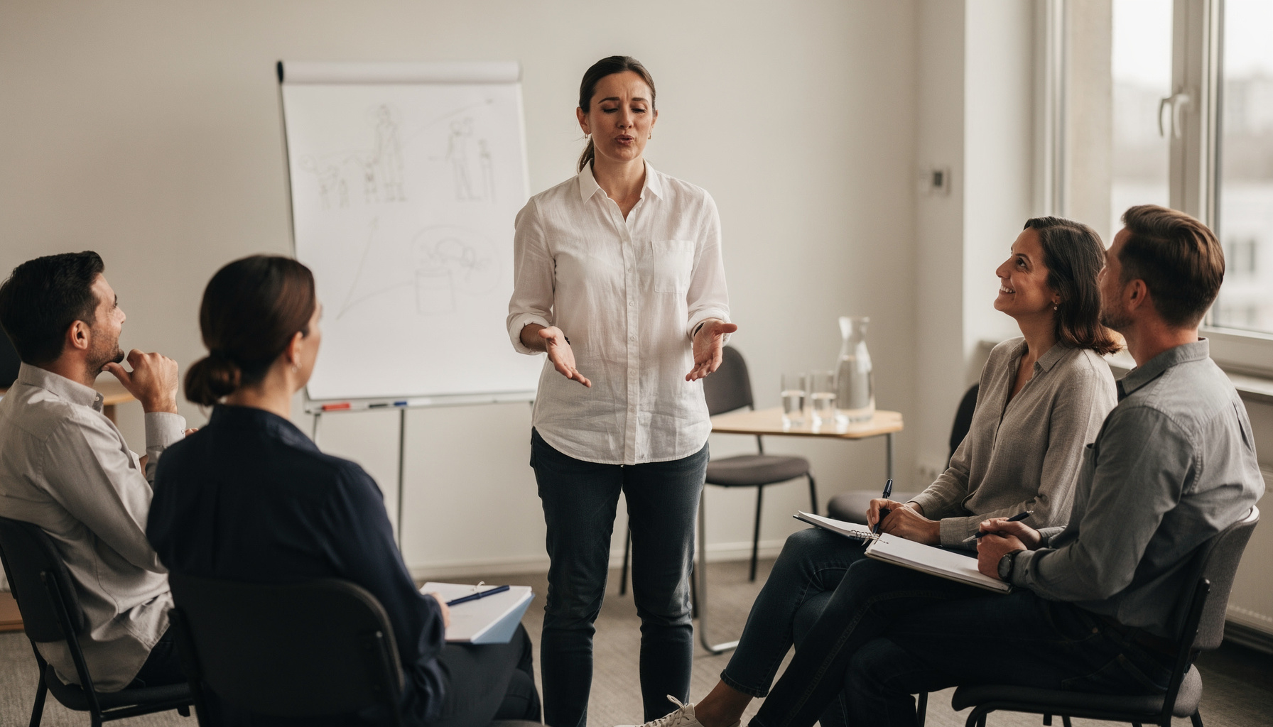 In einem hellen Seminarraum steht eine Trainerperson präsent vor einer kleinen Gruppe; eine teilnehmende Person macht eine Übung und wirkt leicht nervös, bleibt aber fokussiert, während die anderen aufmerksam und unterstützend reagieren.
