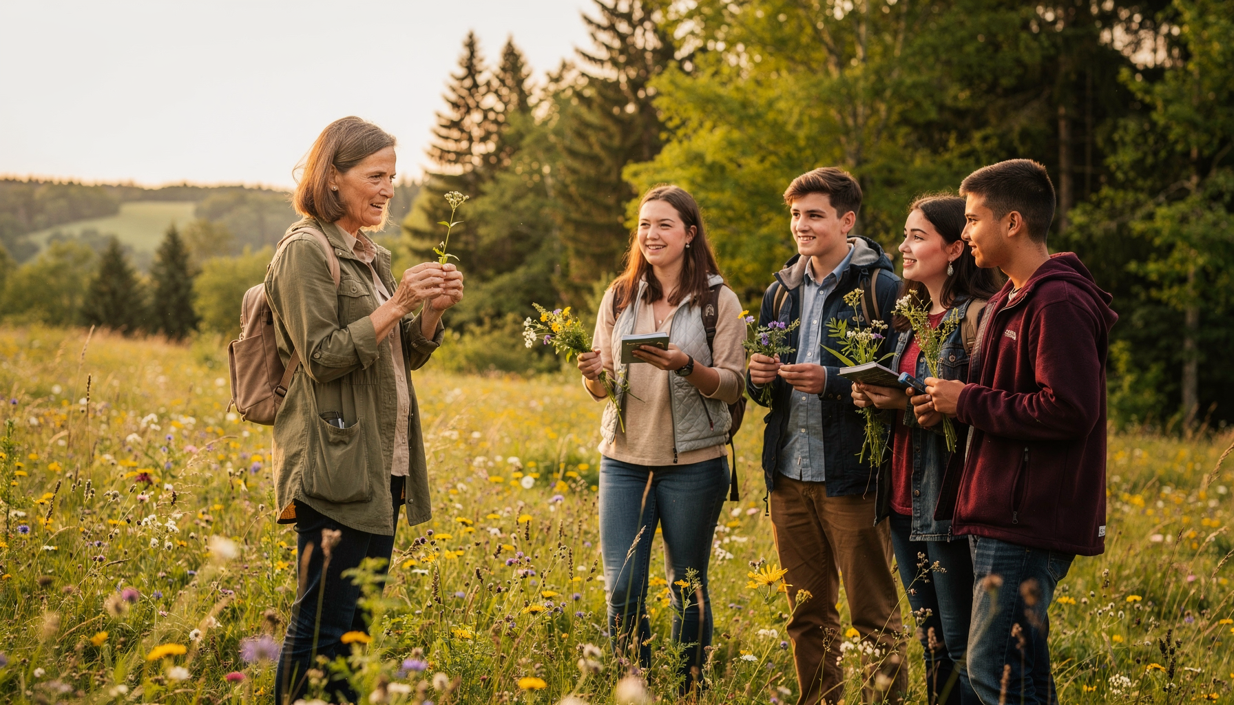 Eine Kursleiterin zeigt einer kleinen Gruppe auf einer sonnigen Blumenwiese verschiedene heimische Wild- und Heilkräuter. Die Teilnehmenden hören aufmerksam zu und lernen, Pflanzen in ihrer natürlichen Umgebung zu erkennen und zu bestimmen.