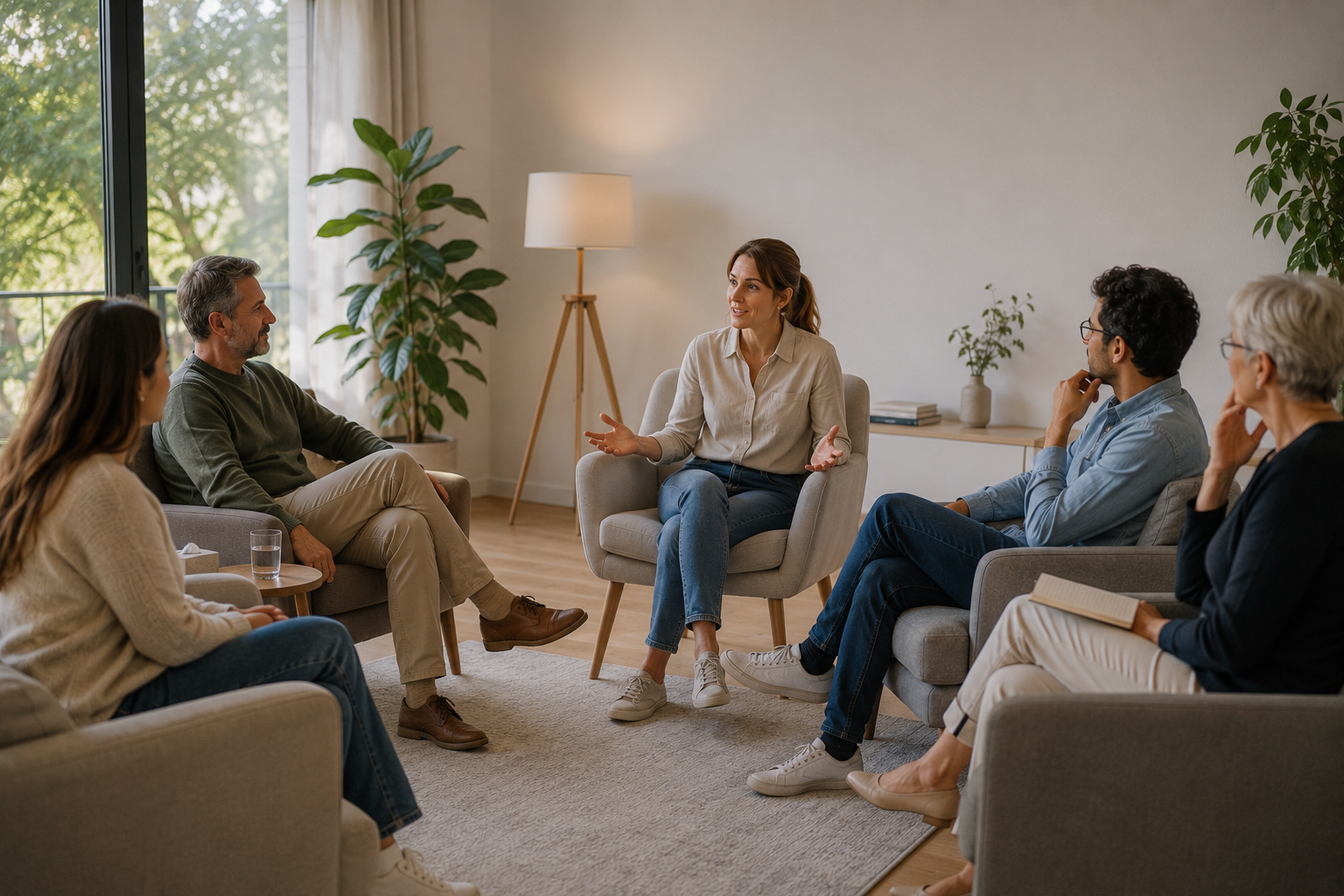 Learn@Home - Resilienztrainerin erklärt einer Gruppe unterschiedlichen Alters Methoden und Impulse zur Stärkung persönlicher Ressourcen und Resilienz.