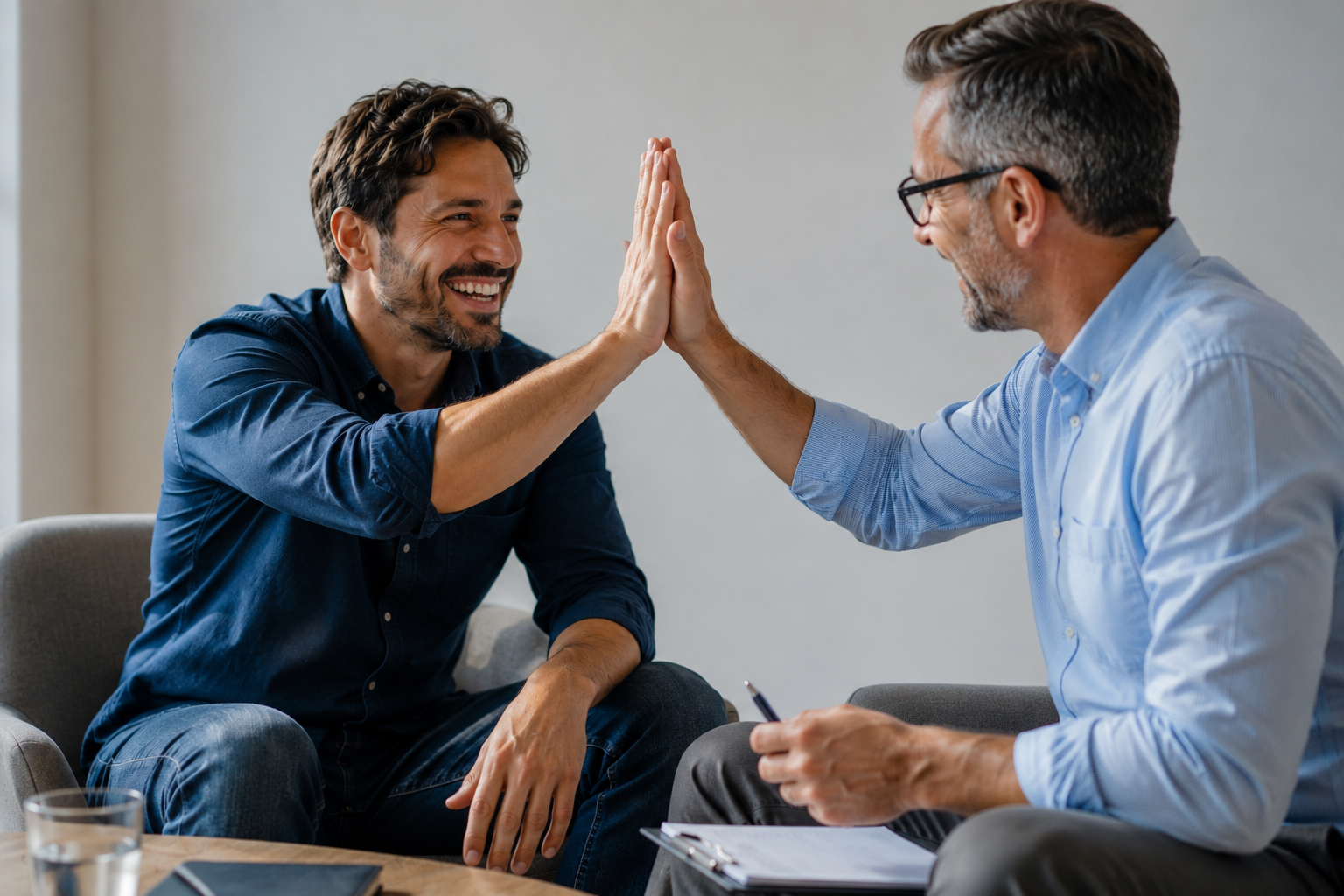 Learn@Home - Mann und Resilienztrainer geben sich lächelnd ein High Five während eines gemeinsamen Trainings – Symbol für Motivation und persönliche Entwicklung.