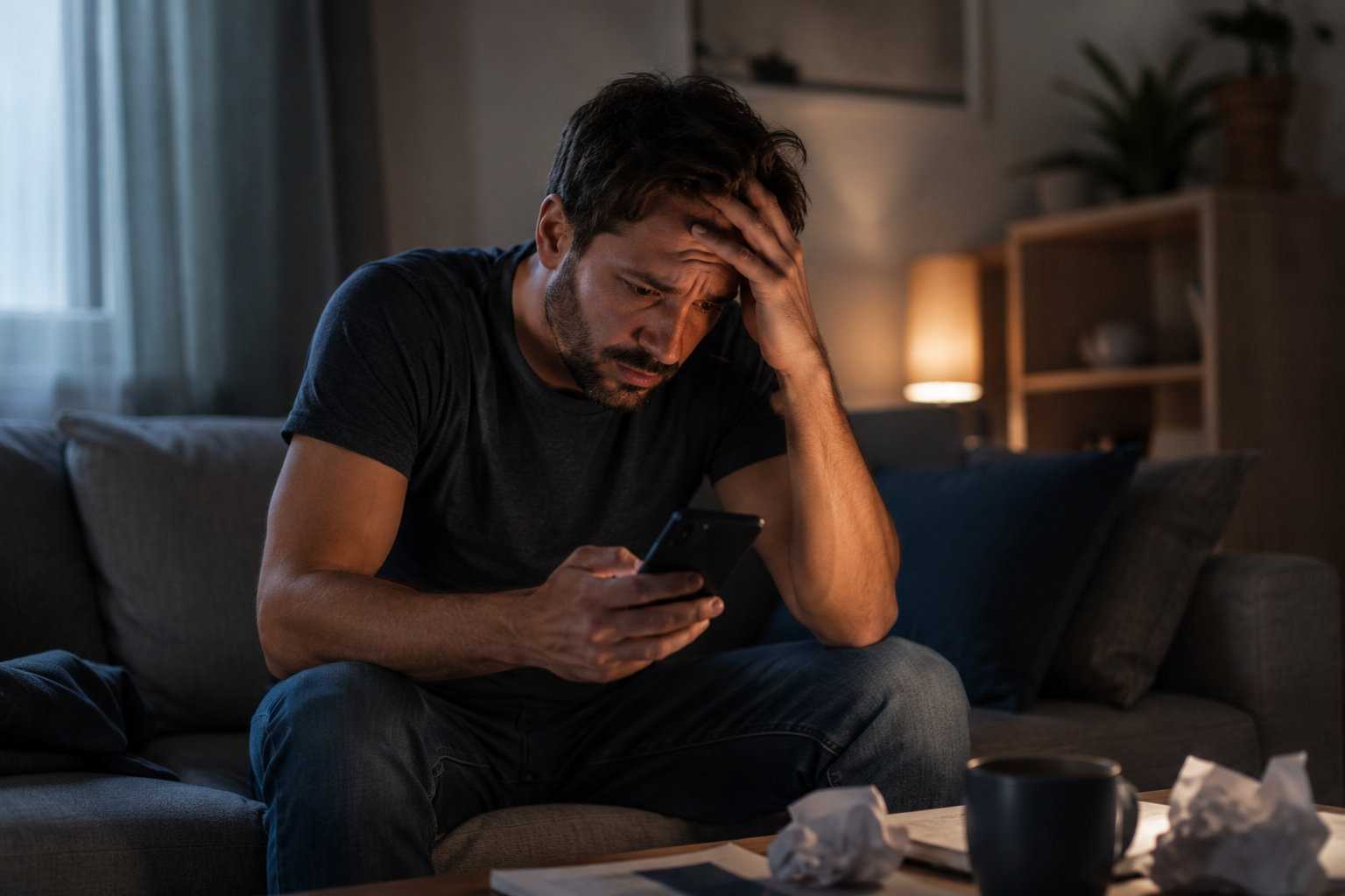 Learn@Home - Mann sitzt nachdenklich mit seinem Smartphone auf der Couch und wirkt belastet – Sinnbild für persönliche Herausforderungen und schwierige Lebensphasen.