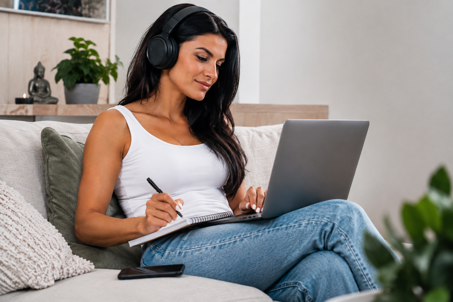 Learn@Home - Frau lernt mit Laptop und Kopfhörern entspannt auf der Couch – flexibles und ortsunabhängiges Lernen in der Online-Ausbildung zur Resilienztrainerin.